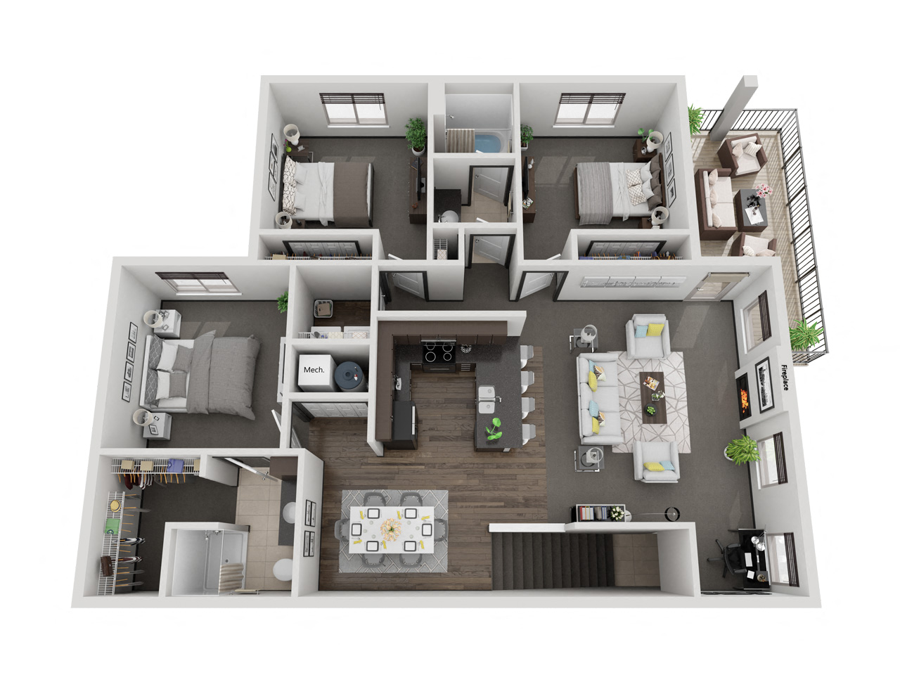 Floor plan for 3 beds, 2 baths, 1418 sqft